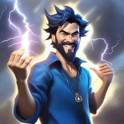 A semi-realistic, full-bodied happy human wizard casting a lightning bolt spell, wearing a blue shirt and sporting dark pointy hair and a short beard