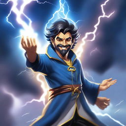 A semi-realistic, full-bodied happy human wizard casting a lightning bolt spell, wearing a blue shirt and sporting dark pointy hair and a short beard