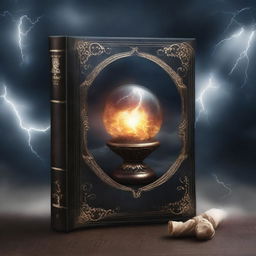 A captivating book cover featuring a mystical crystal ball, ancient scrolls, and a dark, stormy sky with lightning