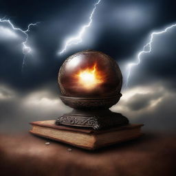 A captivating book cover featuring a mystical crystal ball, ancient scrolls, and a dark, stormy sky with lightning