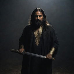 A middle-aged Indian man with long hair and a beard in a dark, moody atmosphere, brandishing a long sword with ominous gold engravings