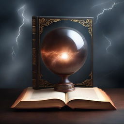 A captivating book cover featuring a mystical crystal ball, ancient scrolls, and a dark, stormy sky with lightning