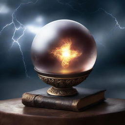 A captivating book cover featuring a mystical crystal ball, ancient scrolls, and a dark, stormy sky with lightning