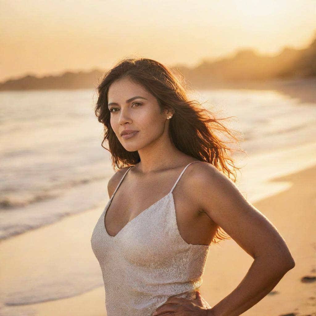 An elegant latina woman on a picturesque beach, basking in the golden sunset light.