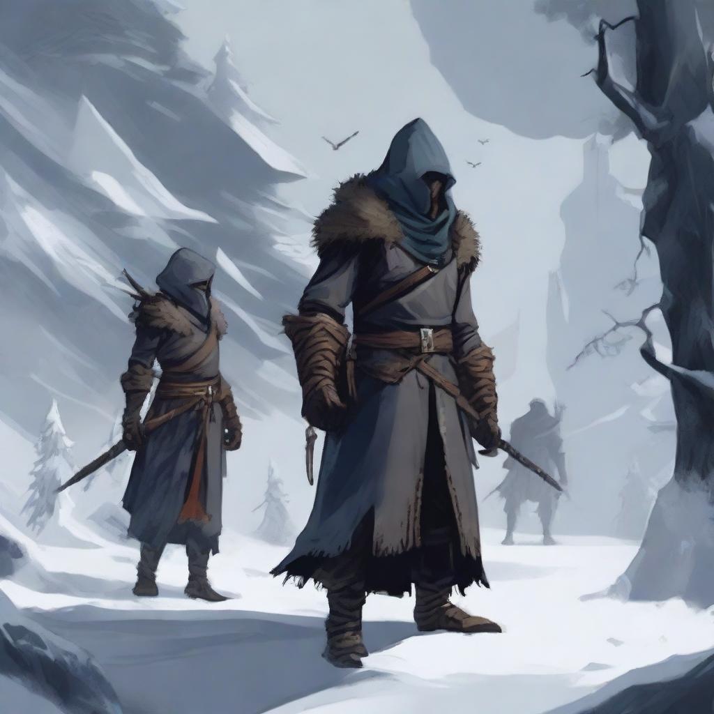 Create an image depicting the four player characters standing against the harsh winter backdrop of Nordheim