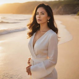 An elegant latina woman on a picturesque beach, basking in the golden sunset light.