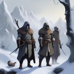 Create an image depicting the four player characters standing against the harsh winter backdrop of Nordheim