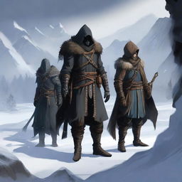 Create an image depicting the four player characters standing against the harsh winter backdrop of Nordheim