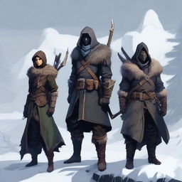 Create an image depicting the four player characters standing against the harsh winter backdrop of Nordheim