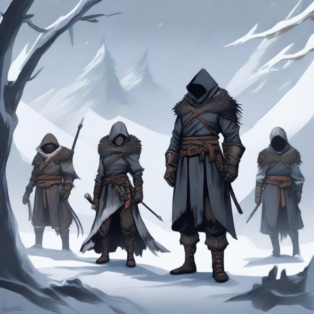 Create an image of four characters standing against a harsh winter backdrop