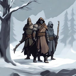 Create an image of four characters standing against a harsh winter backdrop