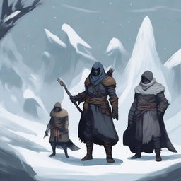 Create an image of four characters standing against a harsh winter backdrop