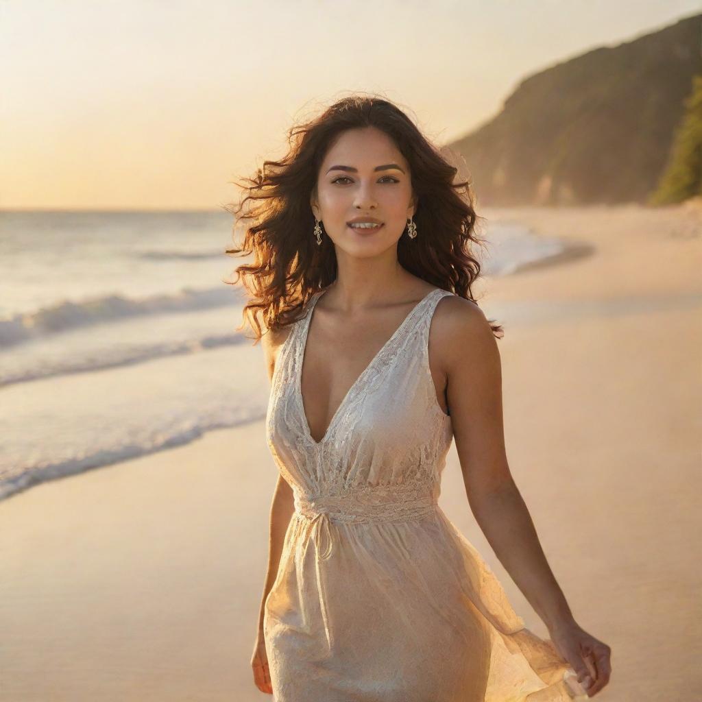 An elegant latina woman on a picturesque beach, basking in the golden sunset light.