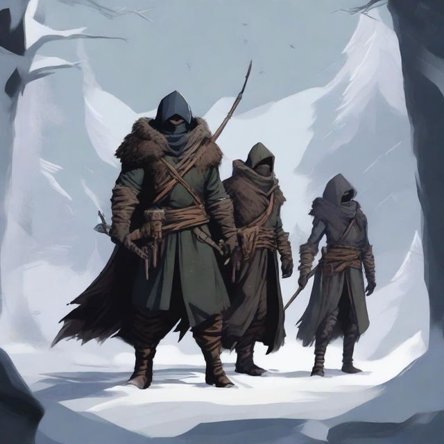 Create an image of four characters standing against a harsh winter backdrop