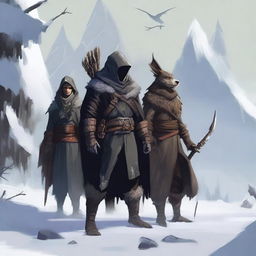 Create an image of four characters standing against a harsh winter backdrop