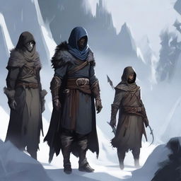 Create an image of four characters standing against a harsh winter backdrop