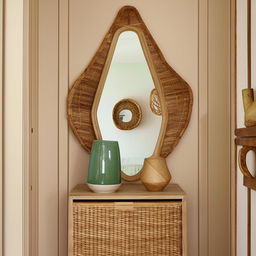 A classic, small entrance hall updated with a modern twist, incorporating beige and pistachio colors, and using rattan materials. A well-placed mirror contributes to the overall aesthetic.