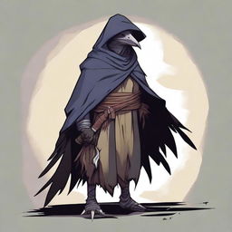 Create an image of a Kenku Rogue, dressed in dark, feathered clothing, peering into the distance with keen eyes