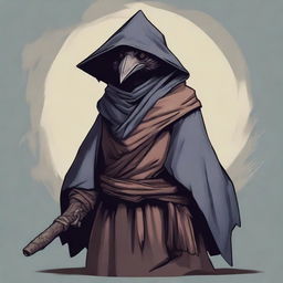 Create an image of a Kenku Rogue, dressed in dark, feathered clothing, peering into the distance with keen eyes