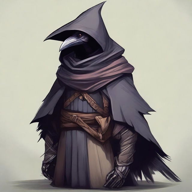 Create an image of a Kenku Rogue, dressed in dark, feathered clothing, peering into the distance with keen eyes