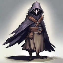 Create an image of a Kenku Rogue, dressed in dark, feathered clothing, peering into the distance with keen eyes