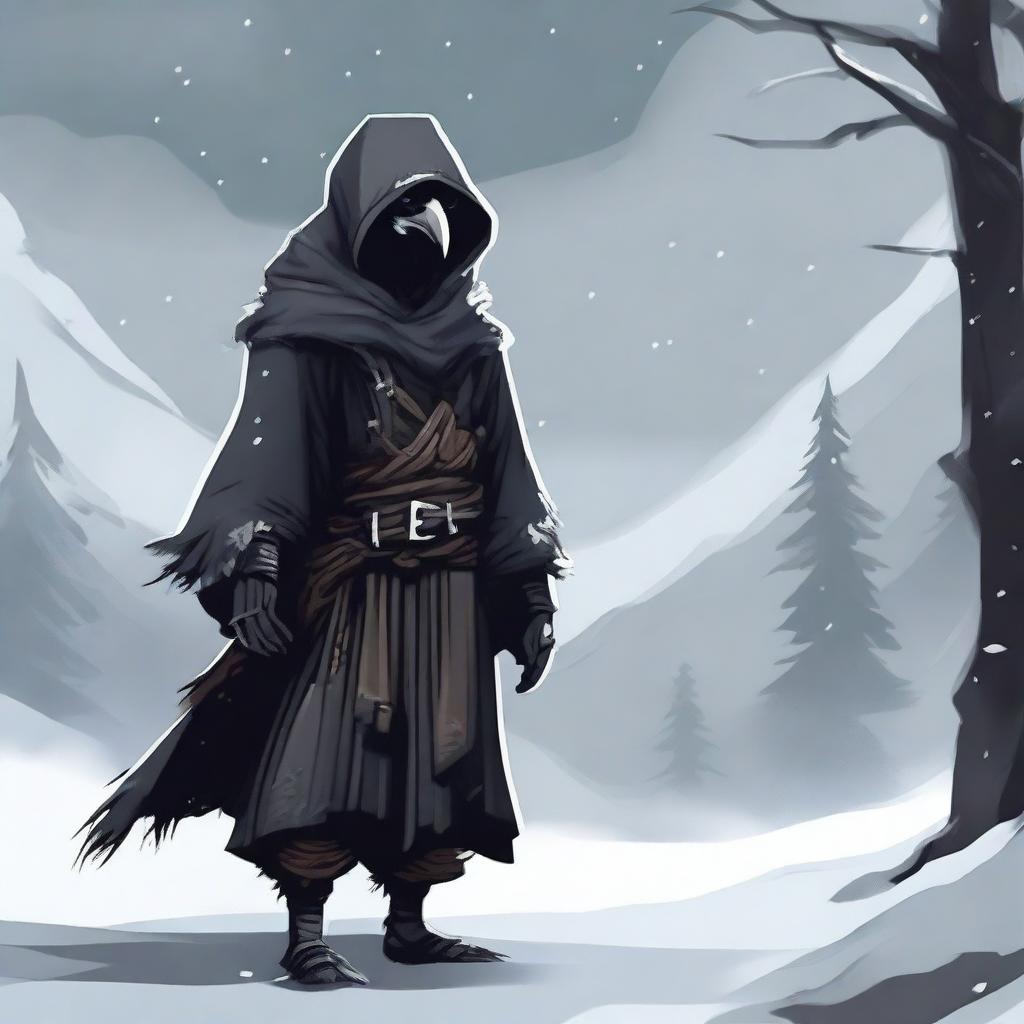 Create an image of a Kenku Rogue standing against a harsh winter backdrop