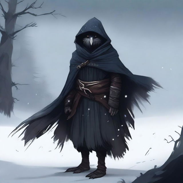 Create an image of a Kenku Rogue standing against a harsh winter backdrop