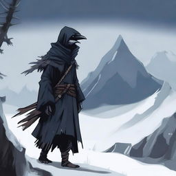 Create an image of a Kenku Rogue standing against a harsh winter backdrop