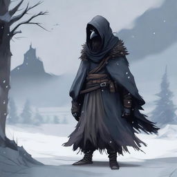 Create an image of a Kenku Rogue standing against a harsh winter backdrop