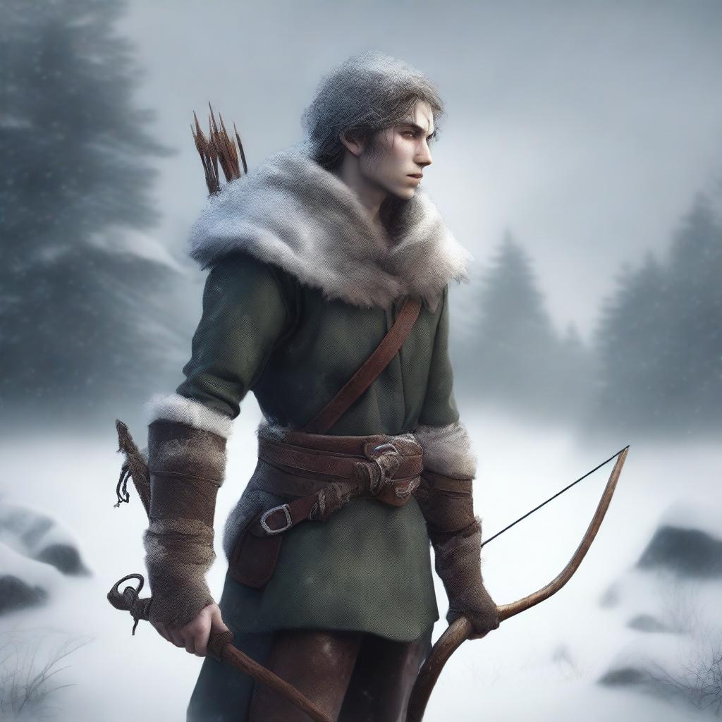 Create an image of a Half-Elf Ranger standing against a harsh winter backdrop