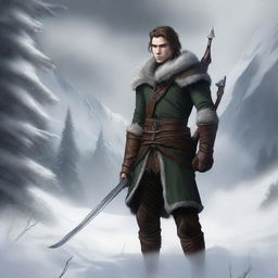 Create an image of a Half-Elf Ranger standing against a harsh winter backdrop