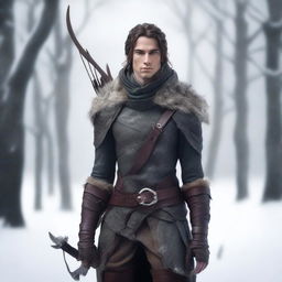 Create an image of a Half-Elf Ranger standing against a harsh winter backdrop