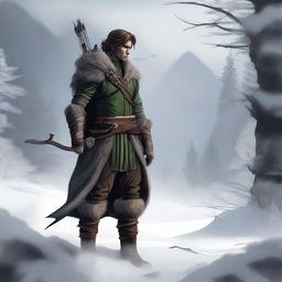 Create an image of a Half-Elf Ranger standing against a harsh winter backdrop