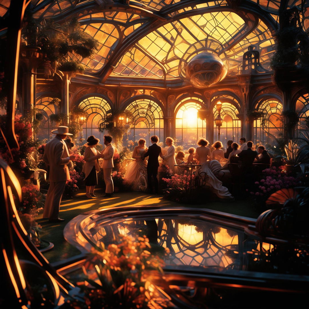 Cinematic, immensely detailed Art Nouveau cyberpunk garden party in glass sky cities during golden hour