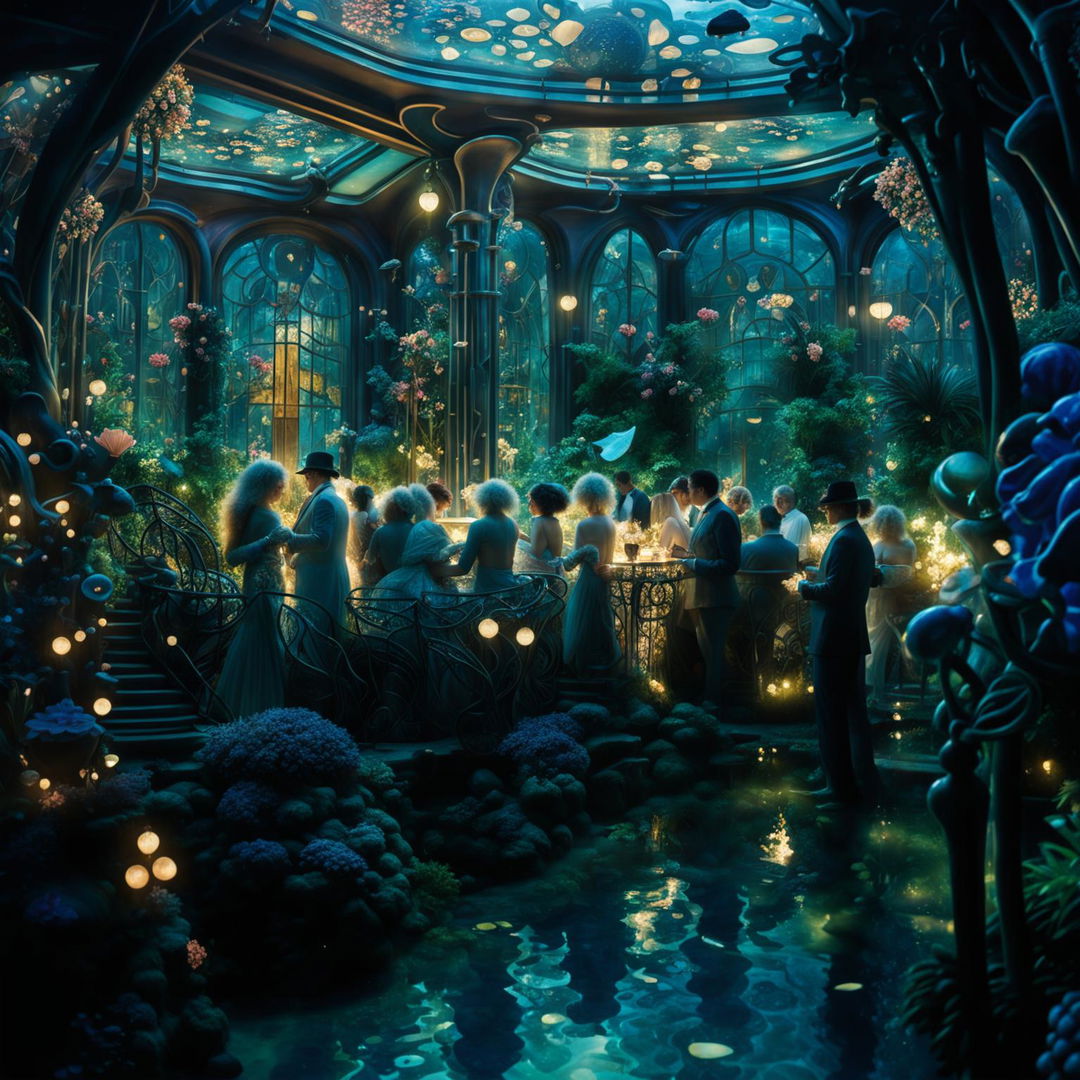 Cinematic, immensely detailed Art Nouveau cyberpunk garden party in underwater glass cities reminiscent of Atlantis during golden hour