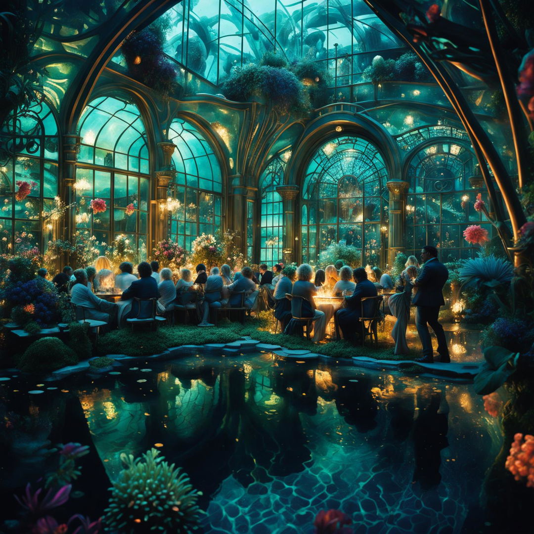 Cinematic, immensely detailed Art Nouveau cyberpunk garden party in underwater glass cities reminiscent of Atlantis during golden hour