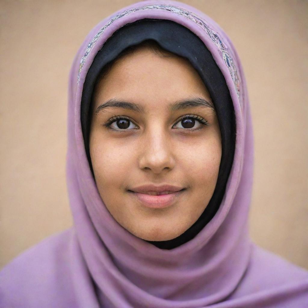 Portrait of a 15-year-old girl with Arab features wearing a hijab displaying cultural pride and tradition.