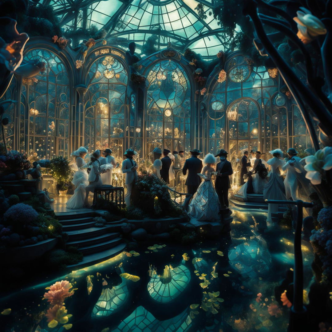 Cinematic, immensely detailed Art Nouveau cyberpunk garden party with Rococo themes in underwater glass cities reminiscent of Atlantis during golden hour