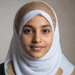 Portrait of a 15-year-old girl with Arab features wearing a hijab displaying cultural pride and tradition.