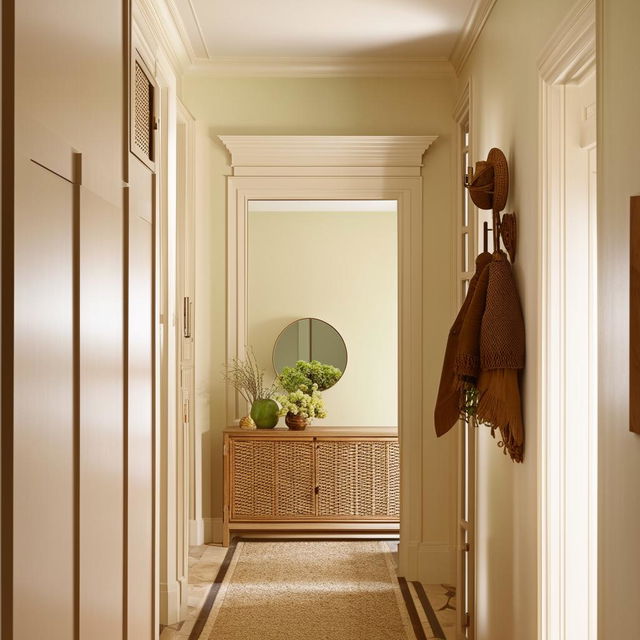 A classic, small entrance hall updated with a modern twist, incorporating beige and pistachio colors, and using rattan materials. A well-placed mirror contributes to the overall aesthetic.