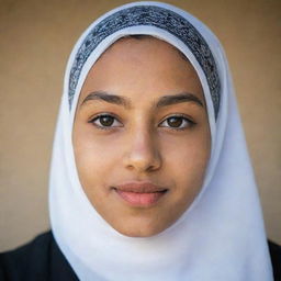 Portrait of a 15-year-old girl with Arab features wearing a hijab displaying cultural pride and tradition.