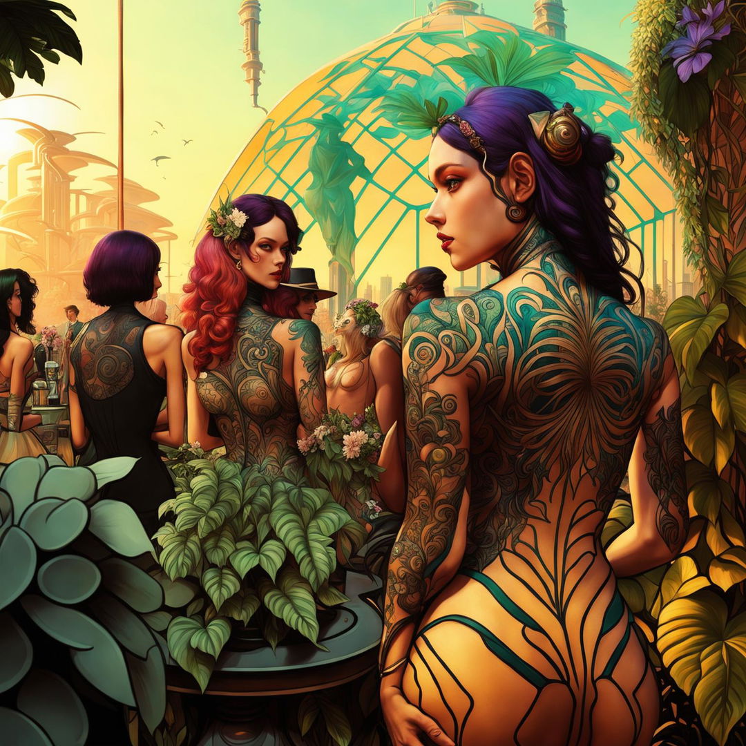 Art nouveau inspired futuristic garden party on the roof of a glass cyber-organic city, with Atlantis-inspired tattoos