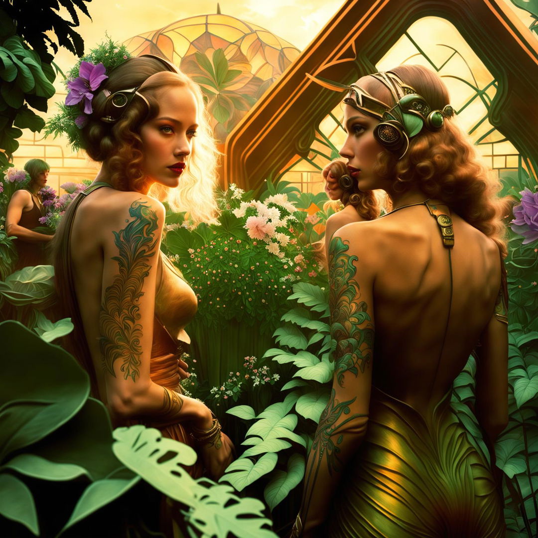 Art nouveau inspired futuristic garden party on the roof of a glass cyber-organic city, with Atlantis-inspired tattoos