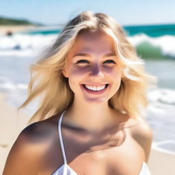 A beautiful blonde girl on the beach, enjoying the sunny weather