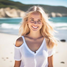 A beautiful blonde girl on the beach, enjoying the sunny weather