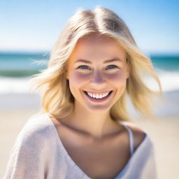 A beautiful blonde girl on the beach, enjoying the sunny weather