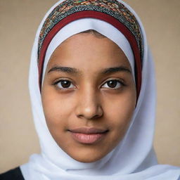 Portrait of a 15-year-old girl with Arab features wearing a hijab displaying cultural pride and tradition.