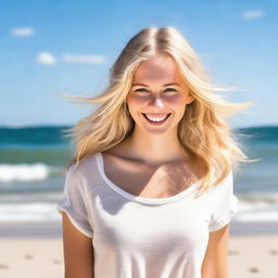 A beautiful blonde girl on the beach, enjoying the sunny weather