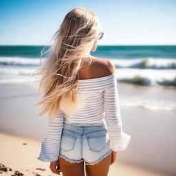 A beautiful blonde girl on the beach, viewed from behind