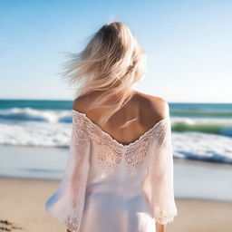 A beautiful blonde girl on the beach, viewed from behind